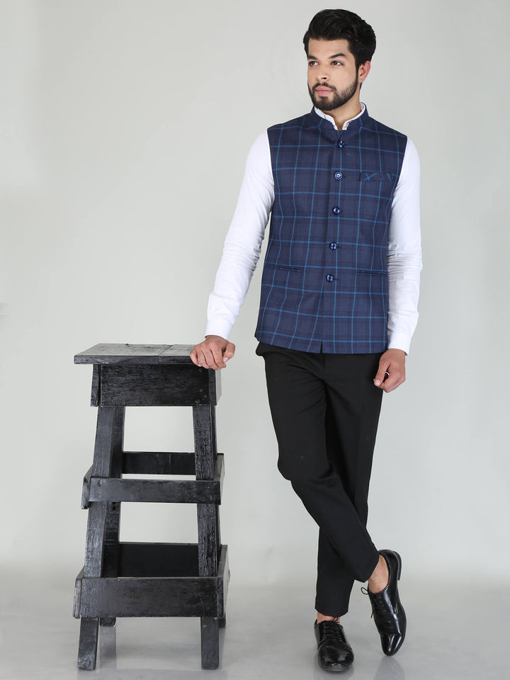 Sky Blue Stripes Woolen Tweed Nehru Jacket - Complete View