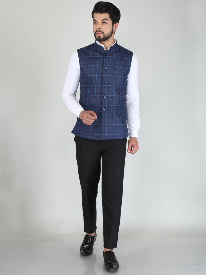 Sky Blue Stripes Woolen Tweed Nehru Jacket